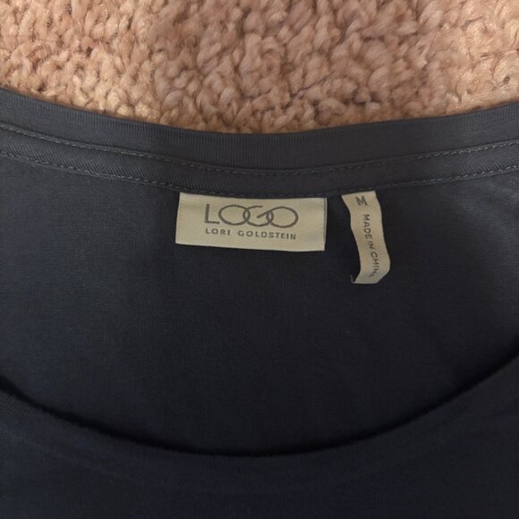 LOGO by Lori Goldstein Dress Sz M MIDI Maxi w/Chiffon Trim Black Quarter Sleeve - Picture 2 of 6